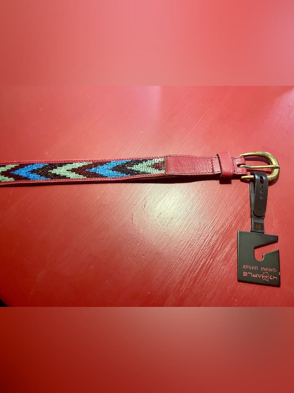 47 Maple Genuine Red Leather Belt with Beaded Southwest Mosiac 34